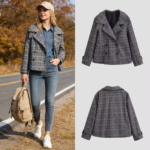 Damen Kurzer Doppelreihiger Glencheck‑Mantel mit weitem Revers Shop Nory