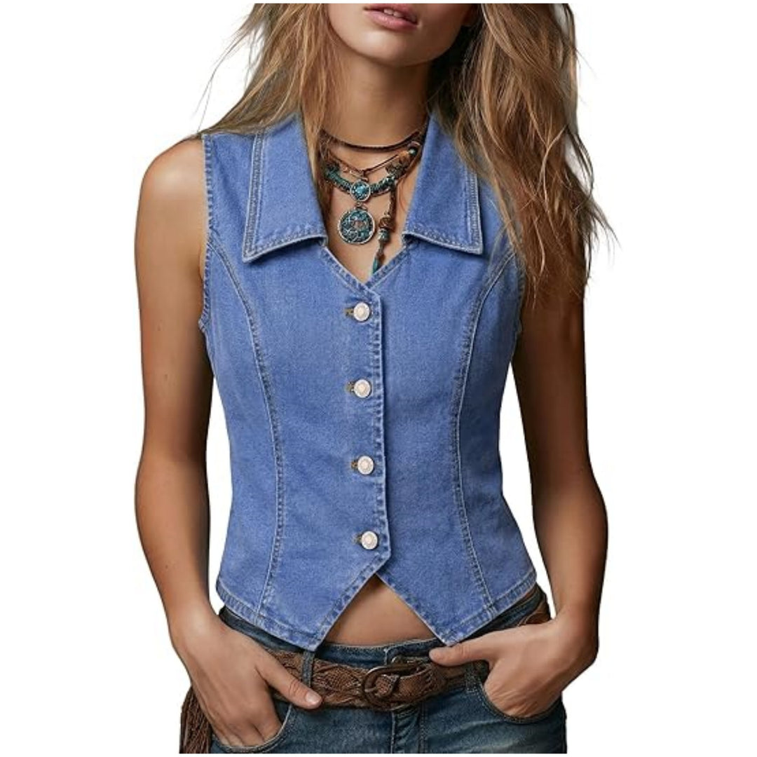 Damen Taillierte Jeansweste mit spitzem Saum und Knopfleiste Shop Nory