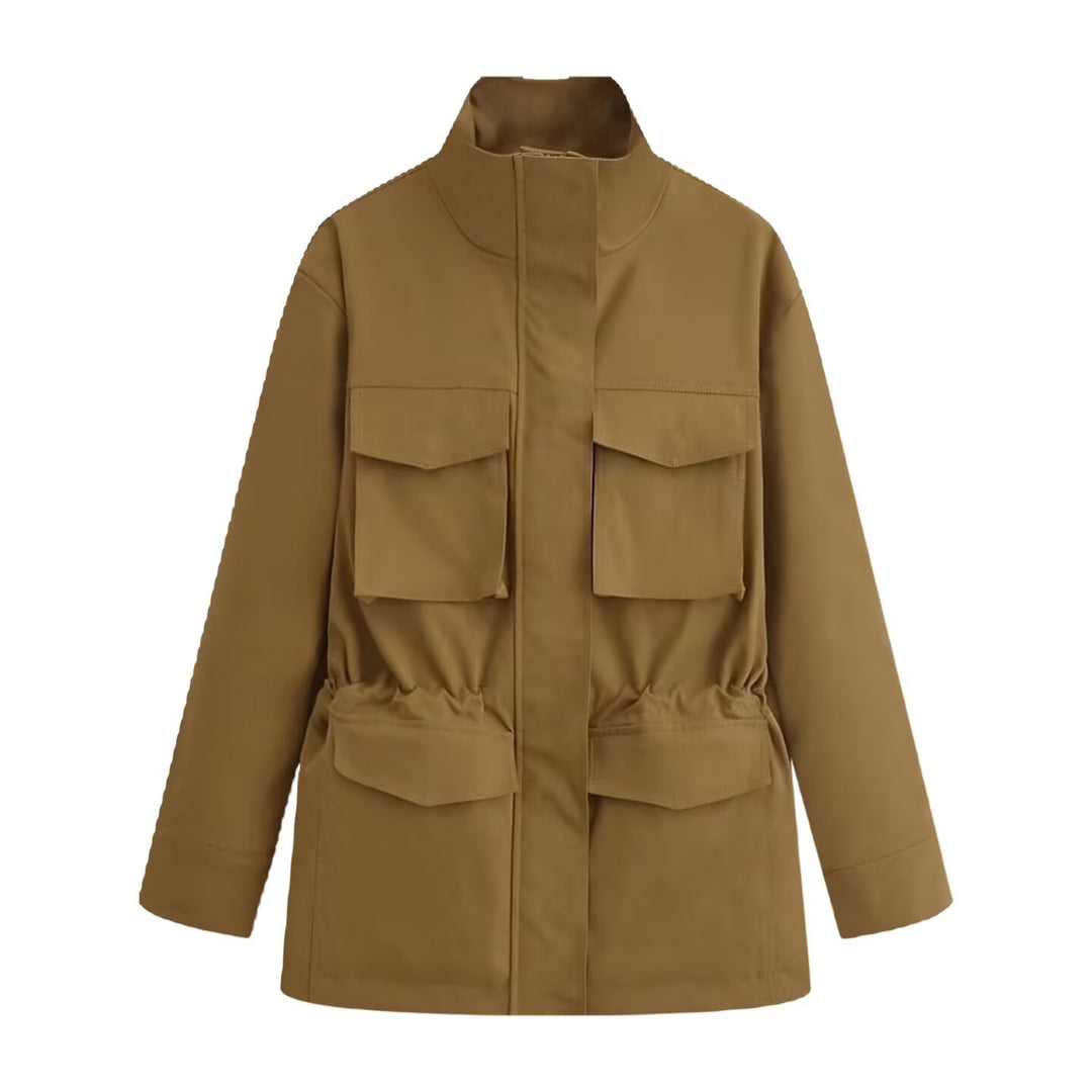 Damen Utility-Jacke mit Tunnelzugtaillen, Stehkragen und Pattentaschen Shop Nory