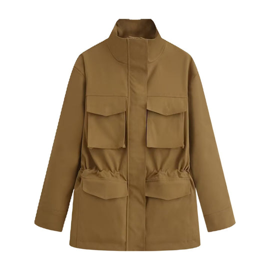 Damen Utility-Jacke mit Tunnelzugtaillen, Stehkragen und Pattentaschen Shop Nory