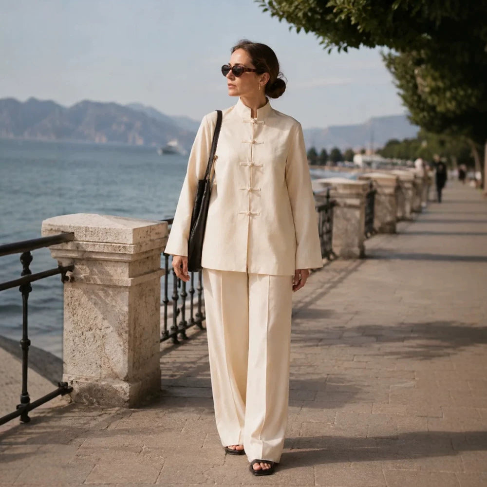 Damen Mandarin-Kragen Tunikajacke mit Knotenverschlüssen und weiter Palazzo-Hose Shop Nory