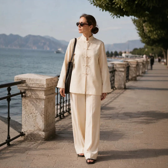 Damen Mandarin-Kragen Tunikajacke mit Knotenverschlüssen und weiter Palazzo-Hose Shop Nory