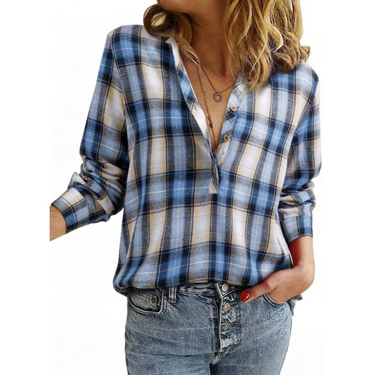 Damen Karo-Bluse im Oversize-Look mit V-Ausschnitt Knopfleiste und gerundetem Saum Shop Nory