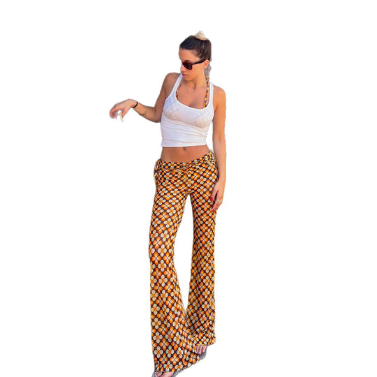 Damen nan ausgestellte Schlaghose mit hoher Taille, seitlichen Kordelzügen und retro Blumenprint Shop Nory