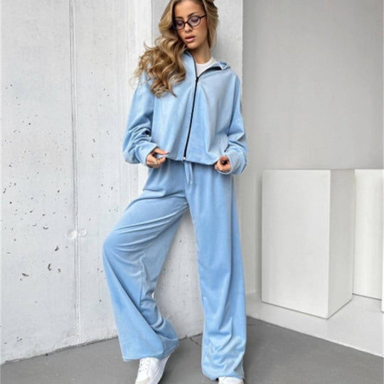 Damen weicher Velours-Trainingsanzug mit Kapuze, Reißverschluss und weitem Bein Shop Nory
