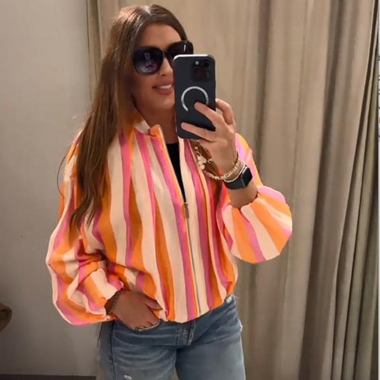 Damen Gestreifte Bomberjacke mit Ballonärmeln und kurzem Cropped-Schnitt Shop Nory