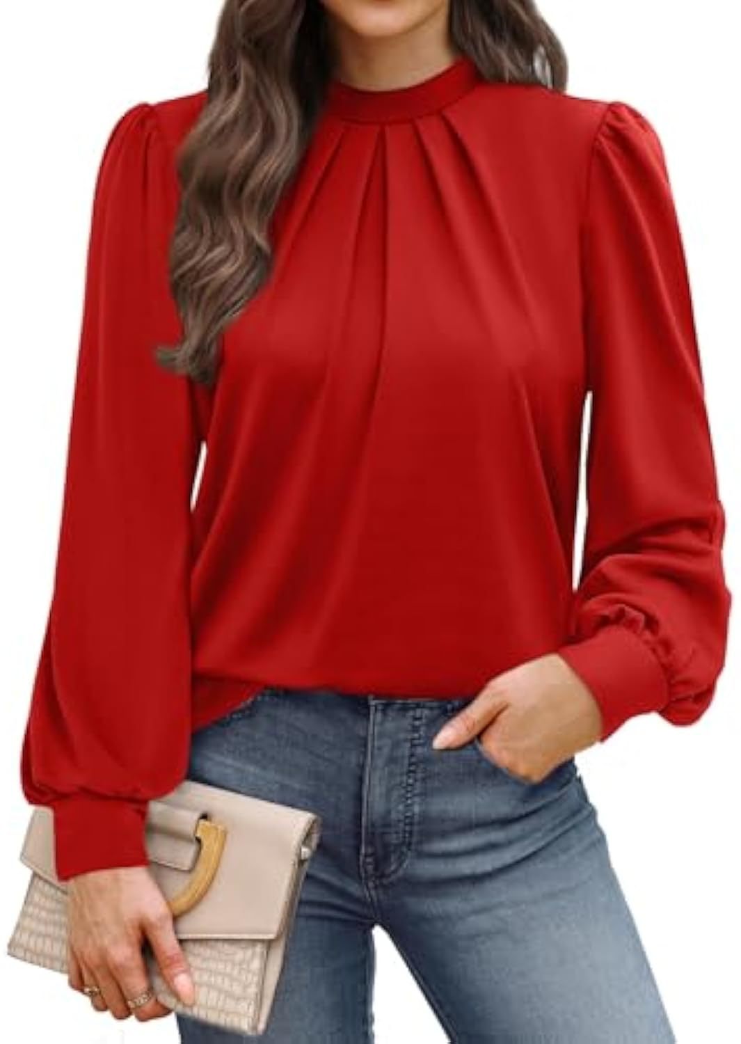Damen Langärmelige Satinbluse mit Stehkragen, Brustfalten und gerippten Bündchen Shop Nory