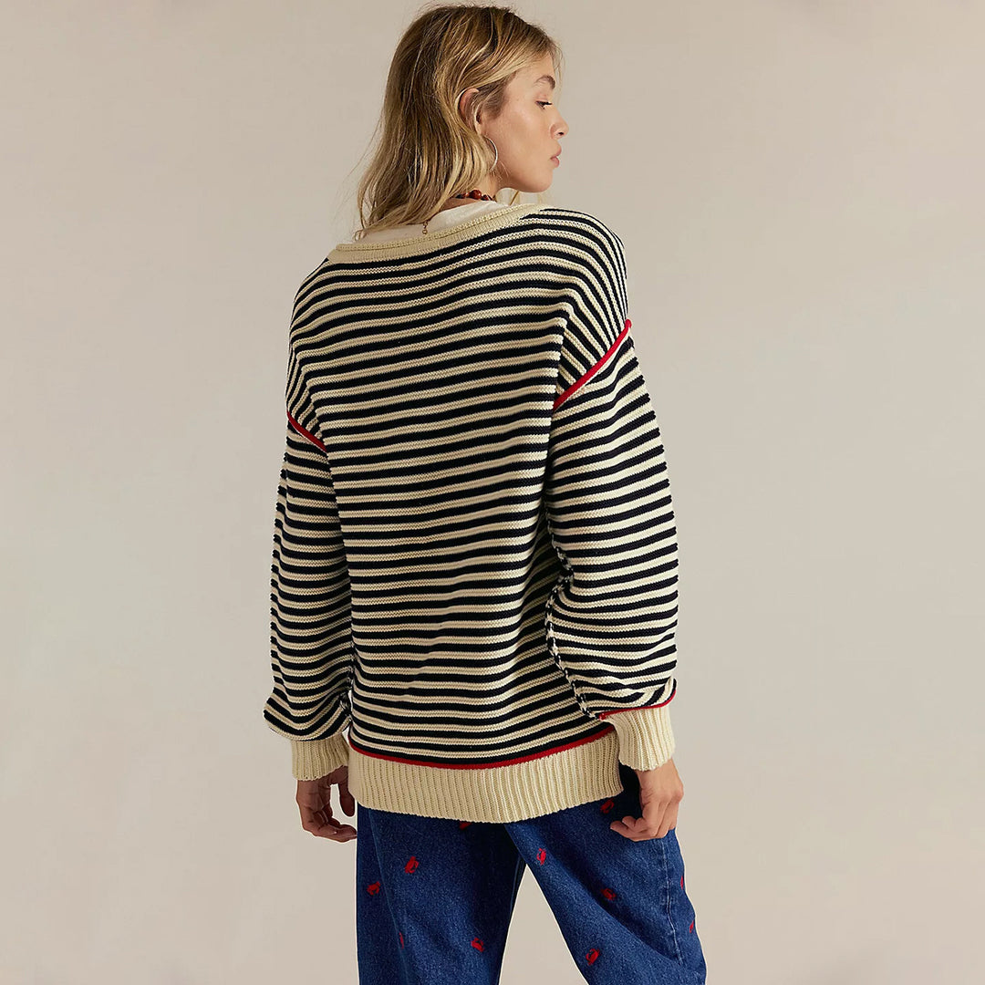 Damen Oversize Ringelstrickpullover mit weitem Schnitt, Bündchen & kontrastierenden Paspeln Shop Nory