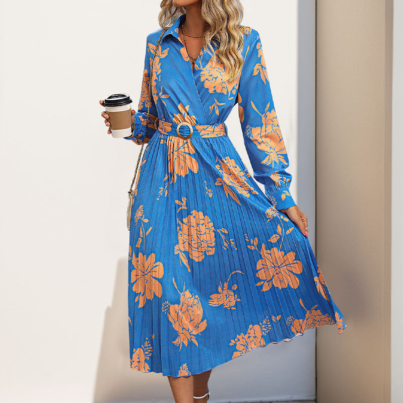 Damen Plissiertes Hemdblusenkleid mit Wickel‑V‑Ausschnitt, Taillengürtel und floralem Print Shop Nory