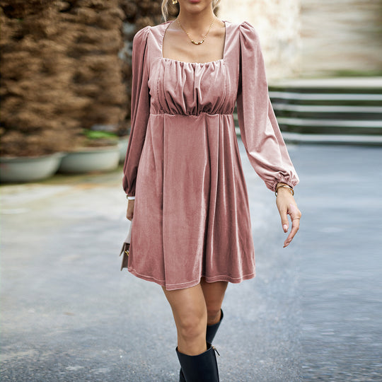 Damen nan Samt-Kurzkleid mit quadratischem Ausschnitt, Empire-Taille und Ballonärmeln Shop Nory