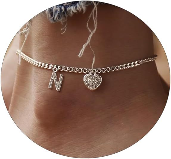 Damen Fußkettchen mit personalisiertem Buchstaben und funkelndem Herzanhänger Shop Nory