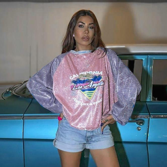 Damen Glitzerndes Oversize-Sweatshirt mit Raglanärmeln und Retro-Los-Angeles-Print Shop Nory