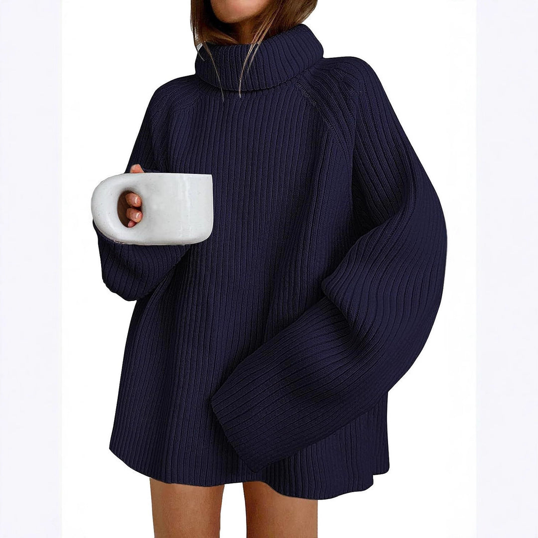 Damen Oversize Pulloverkleid aus Rippstrick mit hohem Rollkragen und voluminösen Ärmeln Shop Nory