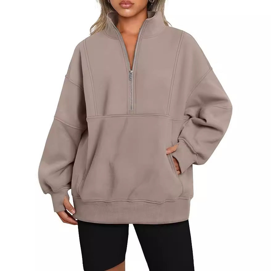Damen Oversized Sweatshirt mit halbem Reißverschluss, Kängurutasche und Stehkragen Shop Nory