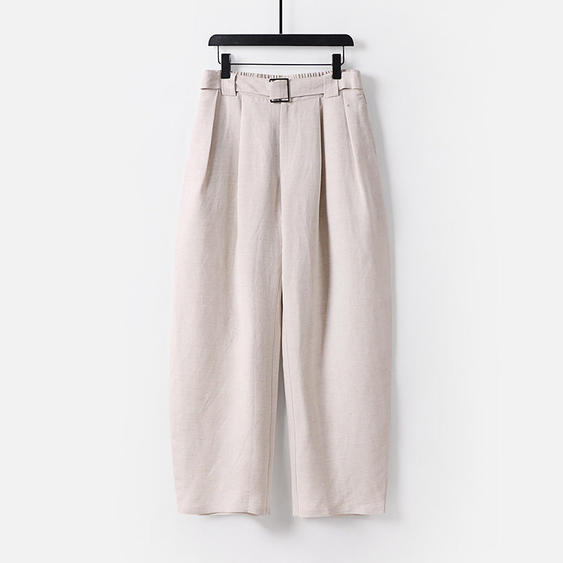 Damen Hochgeschnittene weite Leinenmix-Hose mit Bundfalten und Stoffgürtel Shop Nory