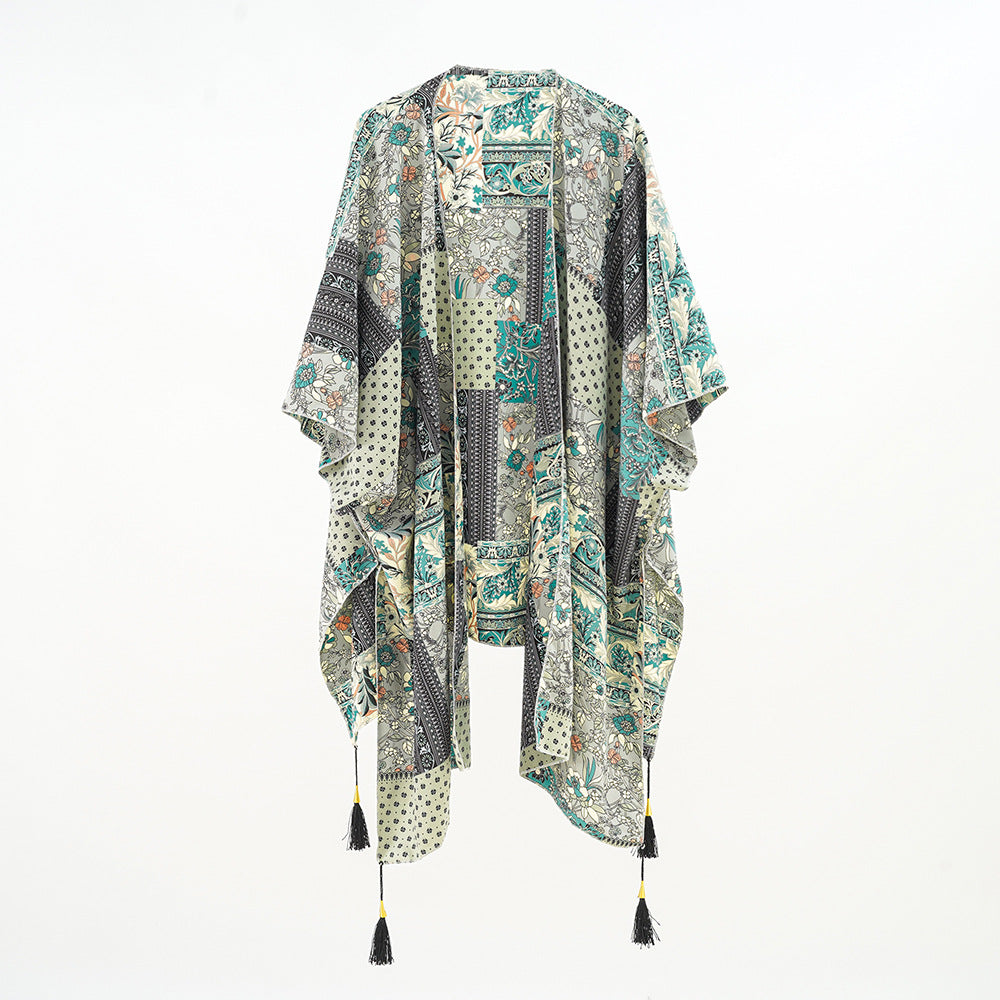 Damen Kaftan-Überwurf mit Patchwork-Blumenprint und Quasten Shop Nory