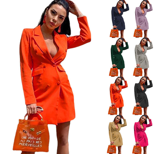 Damen Figurbetontes Blazerkleid im Doppelreihigen Stil mit Reverskragen und Pattentaschen Shop Nory