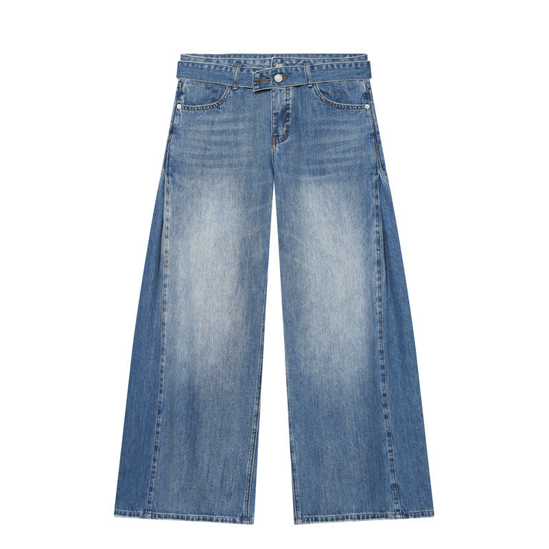 Damen Weite Denim-Hose mit seitlichen Falteneinsätzen, High‑Waist und Taillengürtel Shop Nory