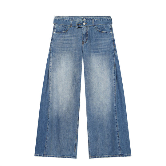 Damen Weite Denim-Hose mit seitlichen Falteneinsätzen, High‑Waist und Taillengürtel Shop Nory