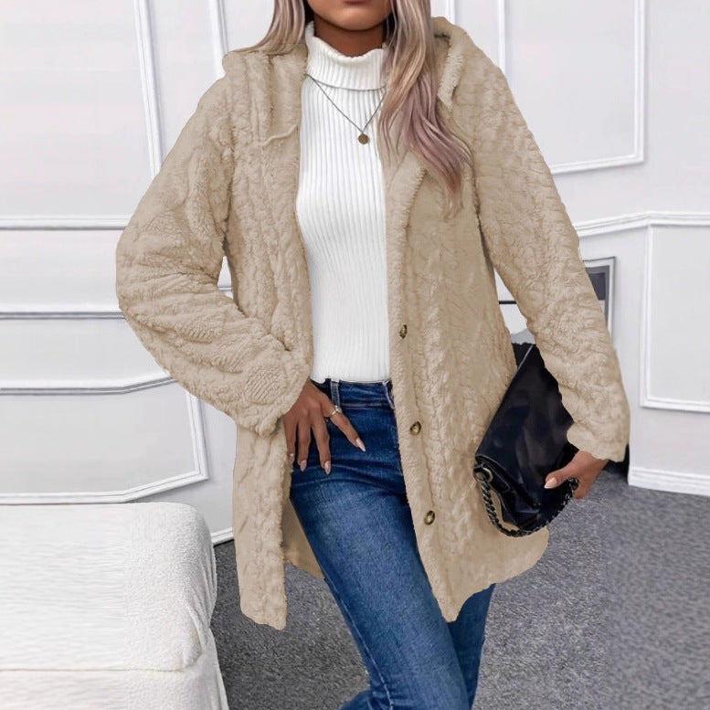 Damen Oversize Strickmantel mit Kapuze, Jacquard‑Struktur und Knopfleiste Shop Nory