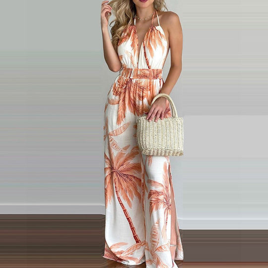 Damen eleganter Jumpsuit mit Spaghettiträgern und hohen Seitenschlitzen