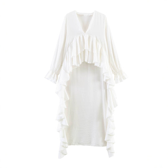 Damen Maxikleid mit asymmetrischem Volantbesatz, V-Ausschnitt und langen Rüschenärmeln Shop Nory