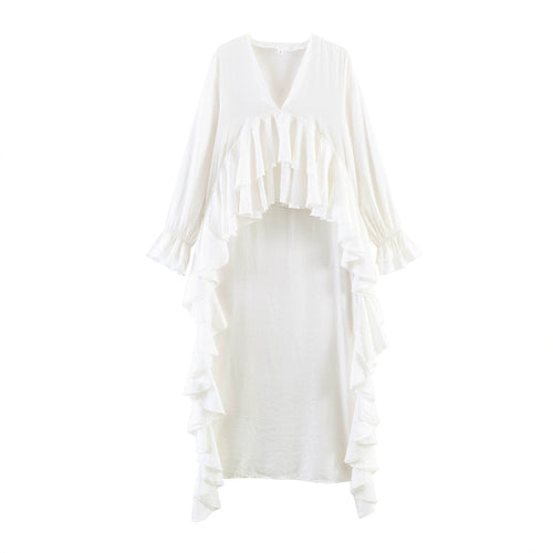 Damen Maxikleid mit asymmetrischem Volantbesatz, V-Ausschnitt und langen Rüschenärmeln Shop Nory