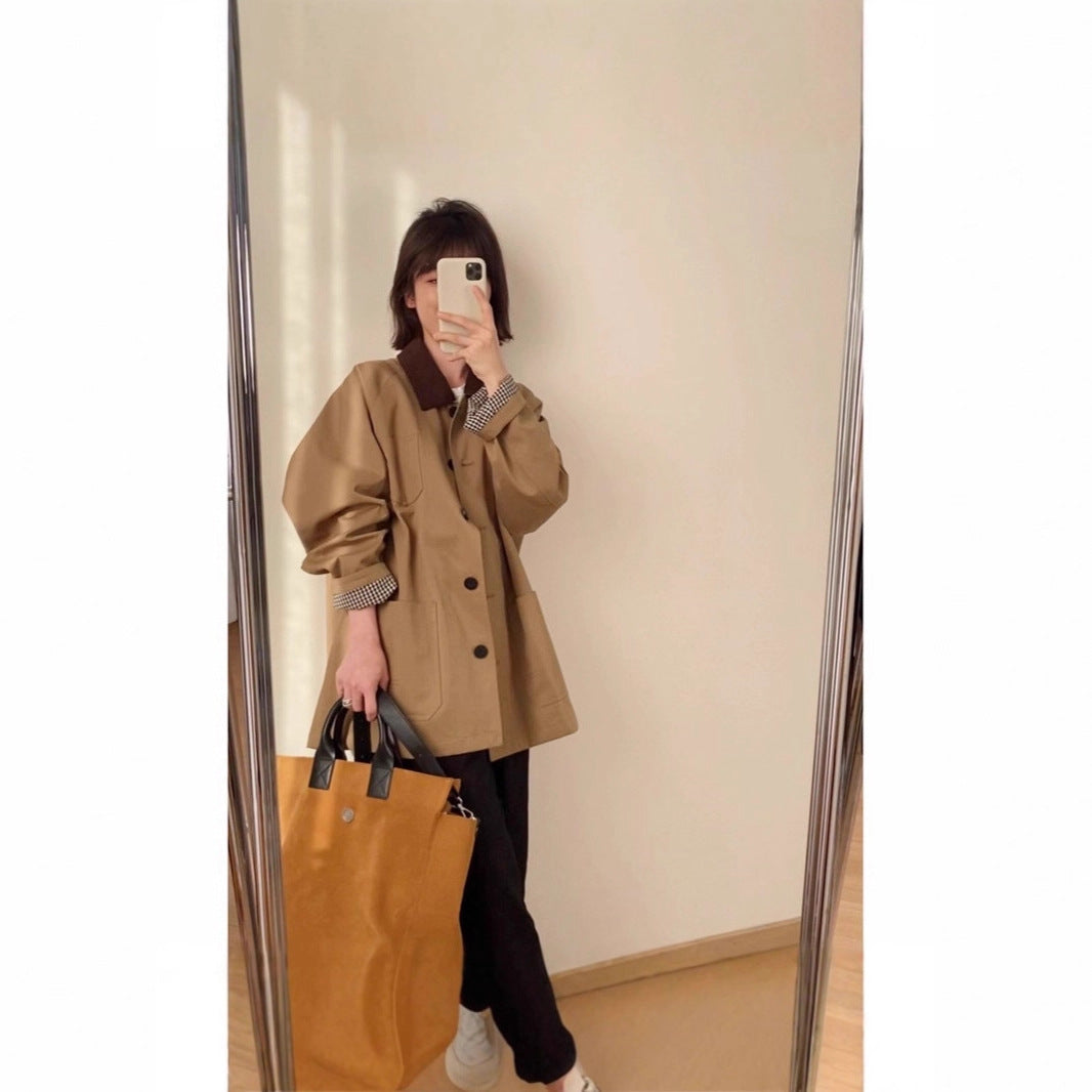 Damen Weite Kurzjacke im Caban-Stil mit Kontrastkragen Shop Nory