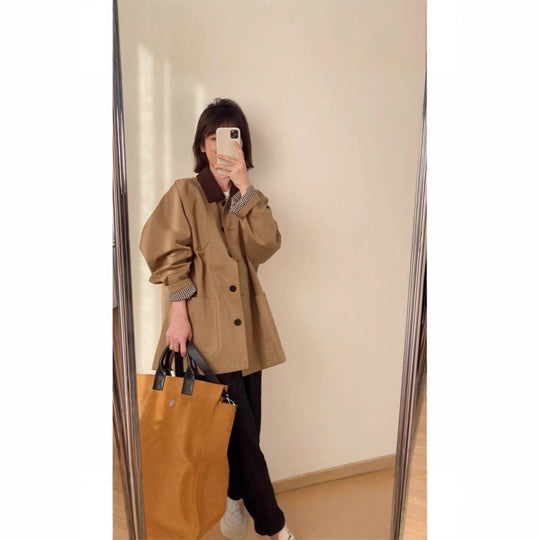 Damen Weite Kurzjacke im Caban-Stil mit Kontrastkragen Shop Nory