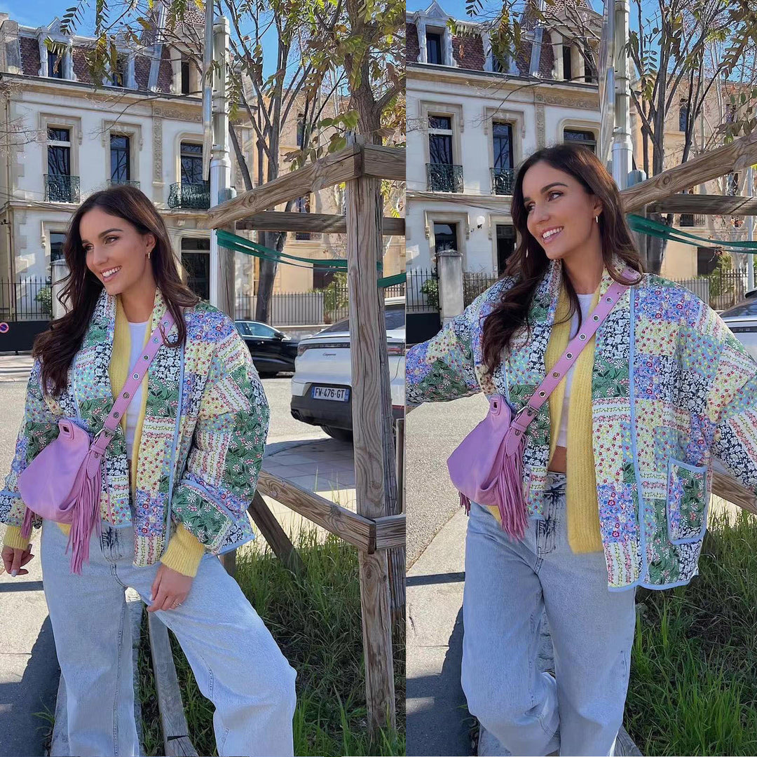 Damen Kurz geschnittene gesteppte Patchworkjacke mit aufgesetzten Taschen Shop Nory