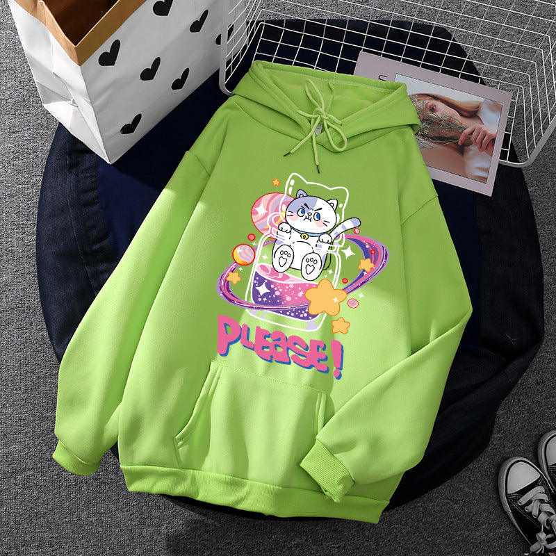 Damen nan oversized Kapuzenpullover im Streetstyle mit weichem Fleece-Innenfutter, Kängurutasche und farbenfrohem Cartoon-Katzen-Planet-Print Shop Nory