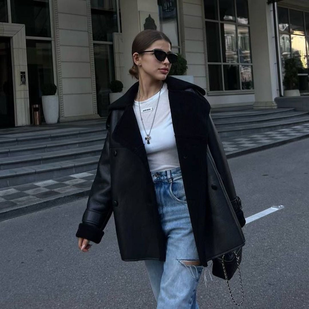 Damen Oversized Fliegerjacke aus Lammfellimitat mit Doppelreihiger Knopfleiste Shop Nory