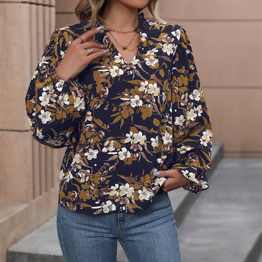 Damen Leichte Chiffonbluse mit floralem Alloverprint, V-Ausschnitt und voluminösen Bündelärmeln Shop Nory