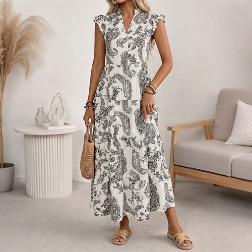 Damen Maxikleid mit Paisley‑Print, V‑Ausschnitt und Stufenrock Shop Nory