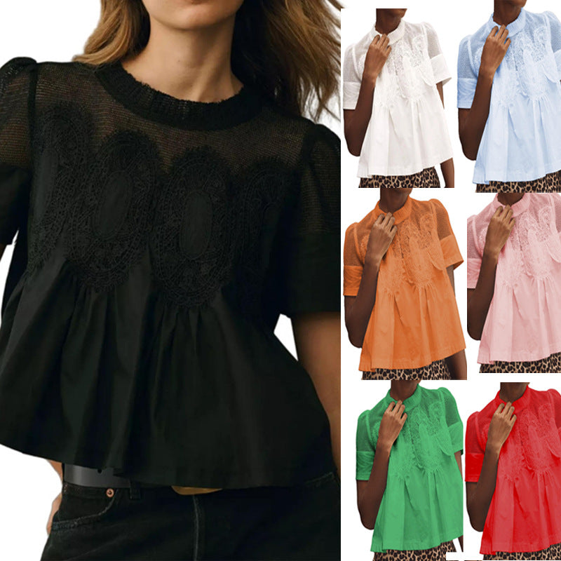 Damen Spitzenblusen-Top mit Stehkragen, Netz-Einsatz und geraffter A-Linien-Silhouette Shop Nory