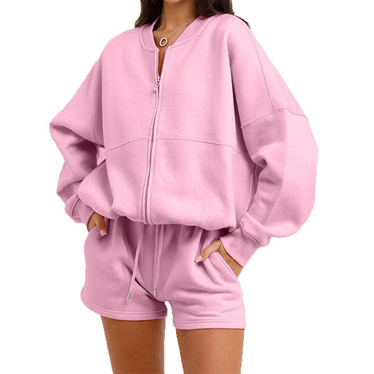 Damen nan zweiteiliges Sweat-Set mit oversized Reißverschluss-Jacke und elastischer Highwaist-Shorts Shop Nory
