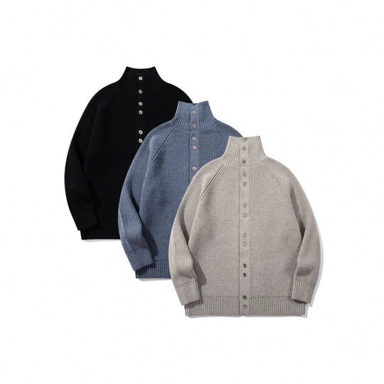 Herren grobgestrickter Knopfcardigan mit hohem Rollkragen und Raglanärmeln Shop Nory