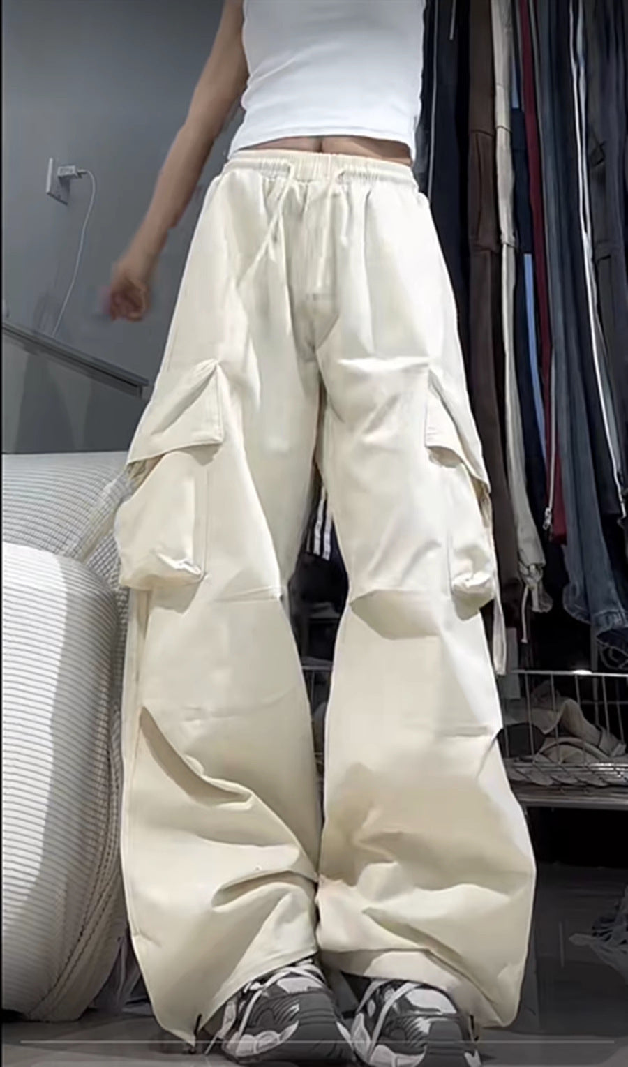 Damen nan ultraleichte Freizeit-Hose mit hohem Elastikbund, Kordelzug und verstellbarem Beinabschluss