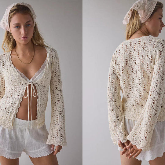 Damen luftiger Häkelstrick-Cardigan