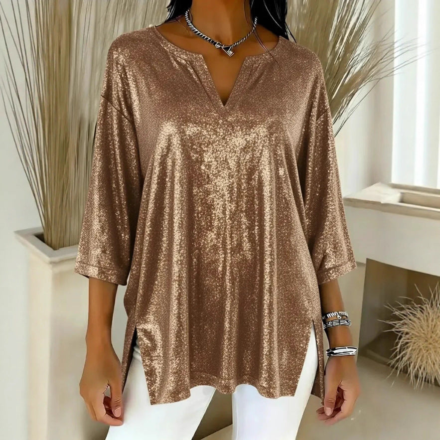 Damen Glitzerndes Oversize-Longshirt mit V-Ausschnitt und seitlichen Schlitzen Shop Nory