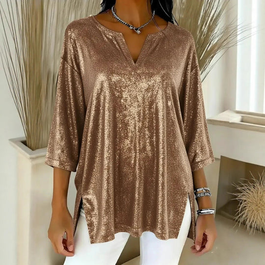 Damen Glitzerndes Oversize-Longshirt mit V-Ausschnitt und seitlichen Schlitzen Shop Nory