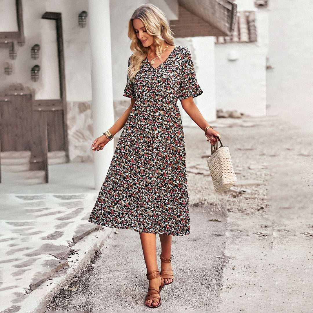 Damen Midi-Kleid mit Floralem Muster und Verspieltem V-Ausschnitt