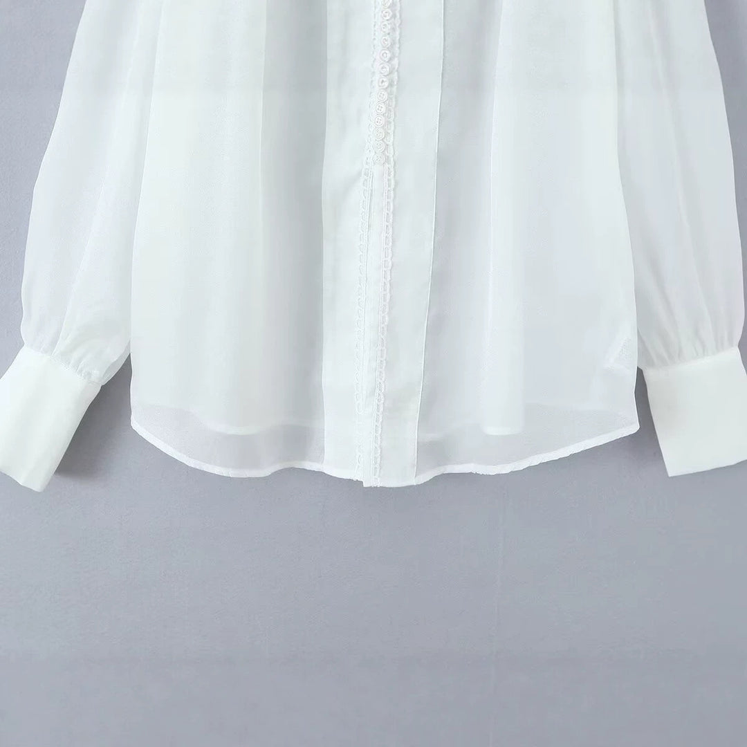 Damen Transparente Chiffon-Bluse mit Volumenärmeln, Spitzenbesatz und breiten Manschetten Shop Nory