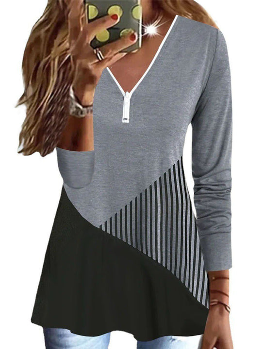 Damen Langärmeliges V-Ausschnitt Zip-Tunikaoberteil mit asymmetrischem Streifen‑Colorblock Shop Nory