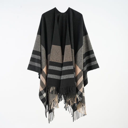 Damen Oversize-Überwurfponcho aus Wollmix mit grafischem Streifenmuster und Fransensaum Shop Nory