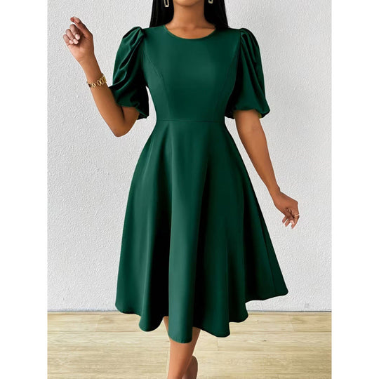 Damen Midi-Kleid mit Puffärmeln und schwingendem Saum