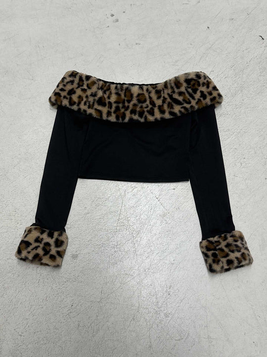 Damen nan schulterfreies Crop-Top mit kunstfellkragen und Manschetten im Leopardenmuster Shop Nory