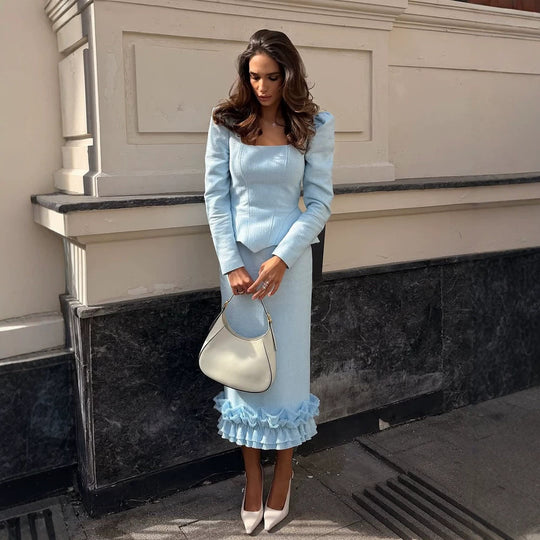 Damen Zweiteiliges tailliertes Ensemble mit Quadrat-Ausschnitt und Volant-Midirock Shop Nory