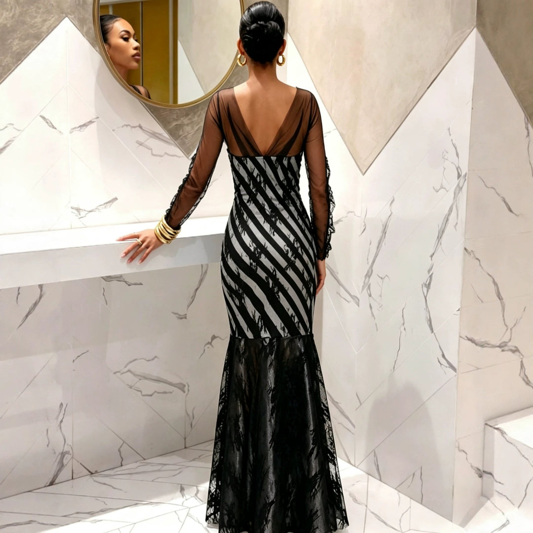 Damen Abendkleid Meerjungfrau‑Schnitt mit transparenten Ärmeln und Spitzenbesatz Shop Nory