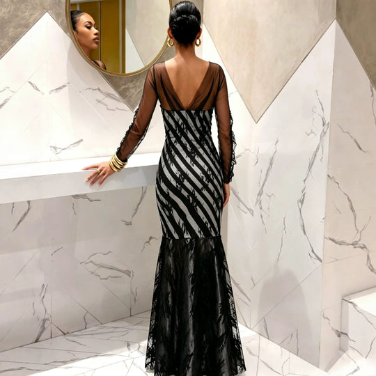 Damen Abendkleid Meerjungfrau‑Schnitt mit transparenten Ärmeln und Spitzenbesatz Shop Nory